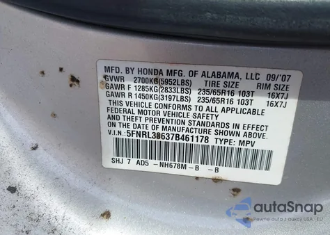 2007 Honda Odyssey Ex-L из США, поврежденный, VIN 5FNRL38637B461178